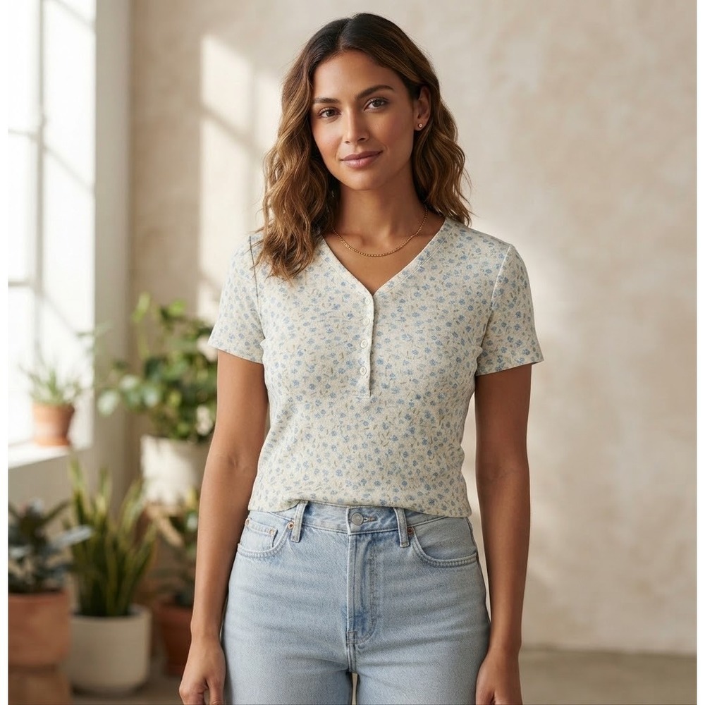 Cabin Creek Women’s L Blue Floral Henley Knit Short Sleeve Blouse Casual